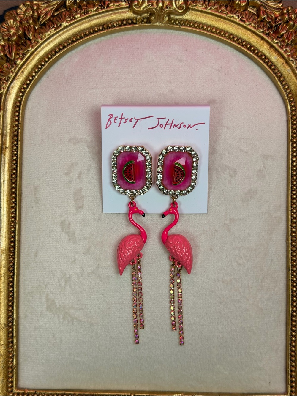 Betsey Johnson Pink Flamingo Watermelon Rhinestone Earrings
